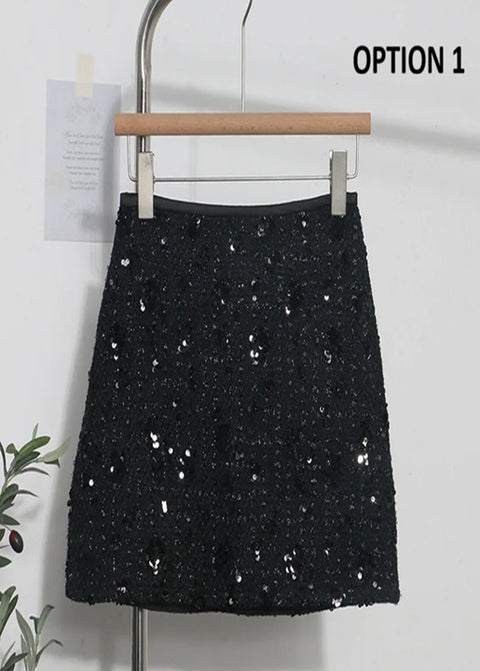 New High Elastic Waist Back Zipper Above Knee Non Stretch Sequin Mini Skirt CODE: KAR4294