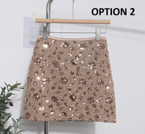 New High Elastic Waist Back Zipper Above Knee Non Stretch Sequin Mini Skirt CODE: KAR4294