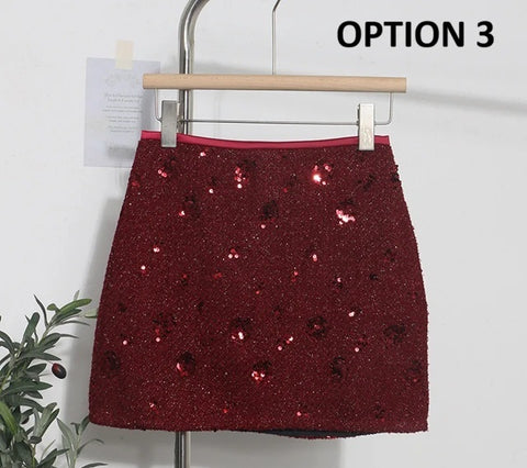 New High Elastic Waist Back Zipper Above Knee Non Stretch Sequin Mini Skirt CODE: KAR4294