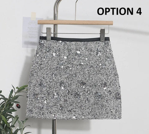 New High Elastic Waist Back Zipper Above Knee Non Stretch Sequin Mini Skirt CODE: KAR4294