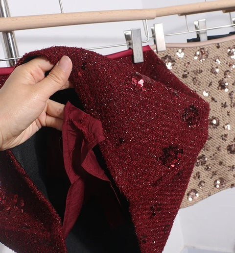 New High Elastic Waist Back Zipper Above Knee Non Stretch Sequin Mini Skirt CODE: KAR4294