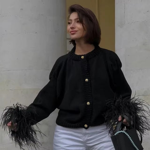 New Fashion A Line Splicing Feather Sweater Cardigan CODE: KAR4307