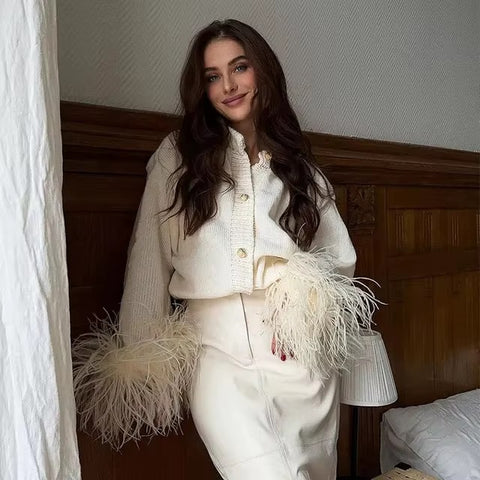 New Fashion A Line Splicing Feather Sweater Cardigan CODE: KAR4307
