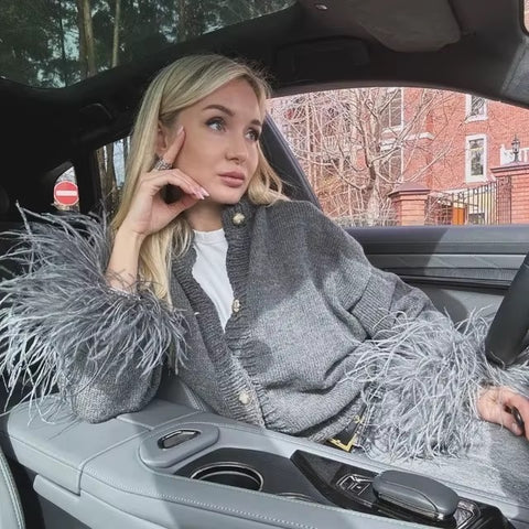 New Fashion A Line Splicing Feather Sweater Cardigan CODE: KAR4307