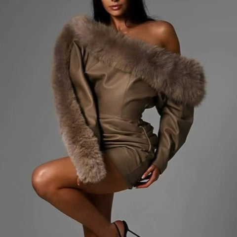 New Fashion Furry Patchwork Skew Collar Full Sleeve Backless Mini Dresses CODE: KAR4325