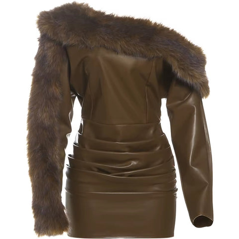 New Fashion Furry Patchwork Skew Collar Full Sleeve Backless Mini Dresses CODE: KAR4325