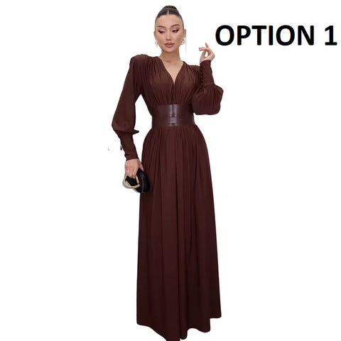 New Fashion Elegant V-Neck Shoulder Padded Ruched Patchwork Classic Dress CODE: KAR4327