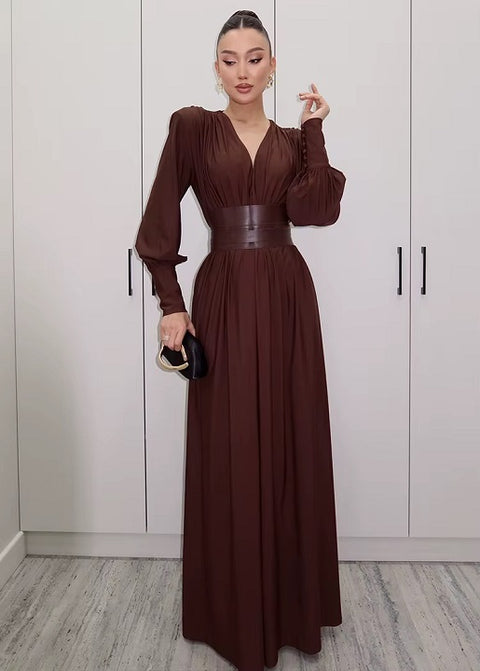 New Fashion Elegant V-Neck Shoulder Padded Ruched Patchwork Classic Dress CODE: KAR4327