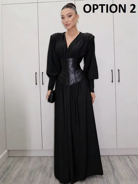 New Fashion Elegant V-Neck Shoulder Padded Ruched Patchwork Classic Dress CODE: KAR4327