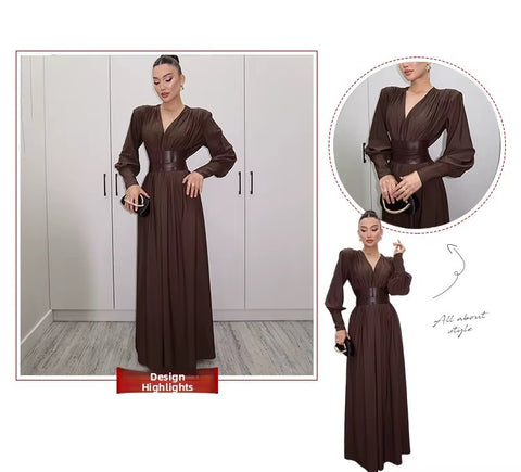 New Fashion Elegant V-Neck Shoulder Padded Ruched Patchwork Classic Dress CODE: KAR4327