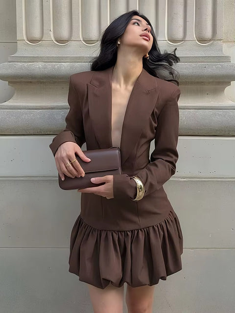 New Fashion Lapel Shoulder Padded Patchwork Full Sleeve Mini Dress CODE: KAR4329