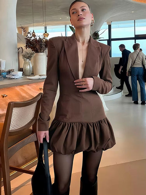 New Fashion Lapel Shoulder Padded Patchwork Full Sleeve Mini Dress CODE: KAR4329