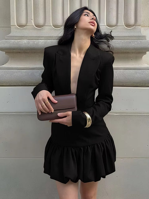 New Fashion Lapel Shoulder Padded Patchwork Full Sleeve Mini Dress CODE: KAR4329