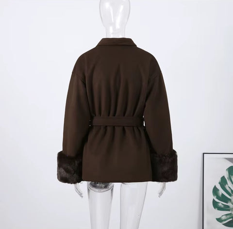 New Fashion Elegant Lapel Faux Fur Cuffed Sleeve Jacket CODE: KAR4333