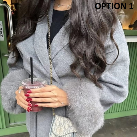 New Fashion Elegant Lapel Faux Fur Cuffed Sleeve Jacket CODE: KAR4333