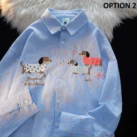 New Long Sleeve Polo Collar Embroidered Sausage Dog Shirt CODE: KAR4340