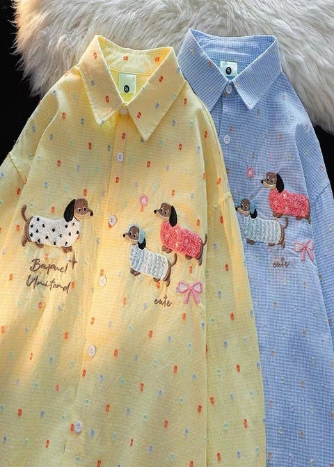 New Long Sleeve Polo Collar Embroidered Sausage Dog Shirt CODE: KAR4340