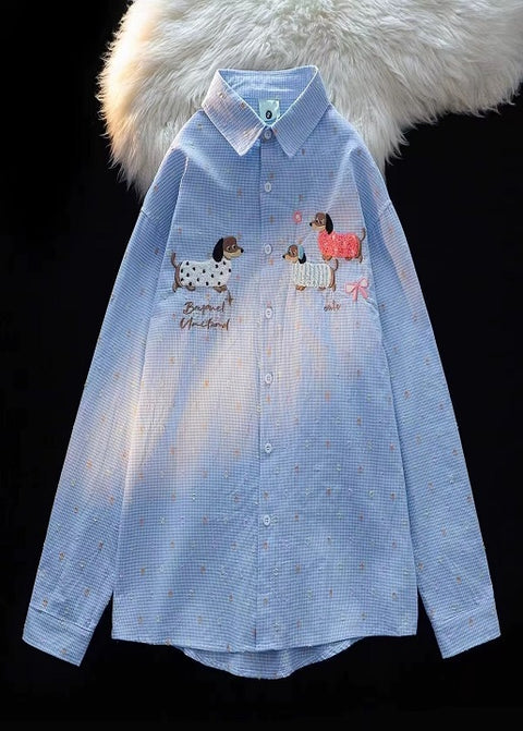 New Long Sleeve Polo Collar Embroidered Sausage Dog Shirt CODE: KAR4340