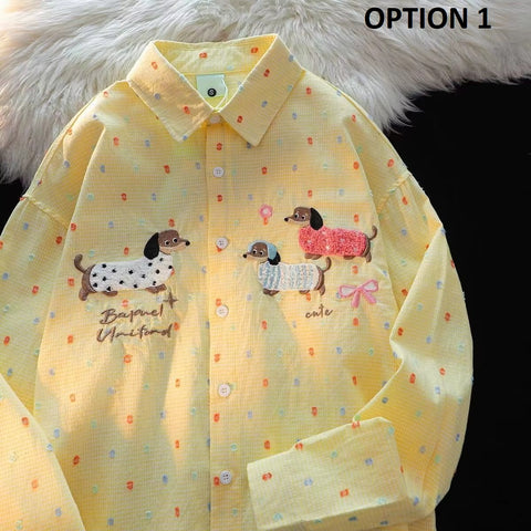 New Long Sleeve Polo Collar Embroidered Sausage Dog Shirt CODE: KAR4340
