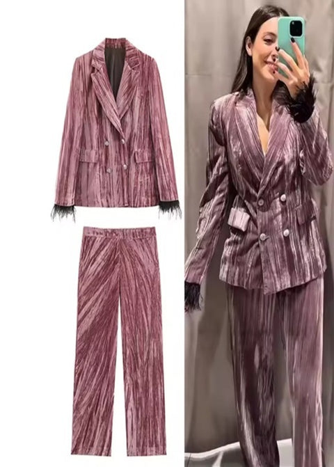 New Long Sleeve Blazer Coat + Wide-Leg Trousers 2 Piece Set CODE: KAR4359