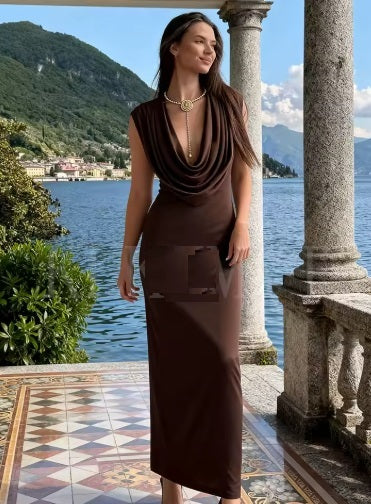 New Style Sleeveless Draped Neckline Pleated Midi Long Dress CODE: KAR4366