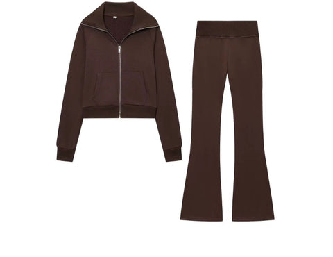 New Turn-Down Collar Long Sleeves Pocket Zipper Short Coat+ Long Pant Set CODE: KAR4368