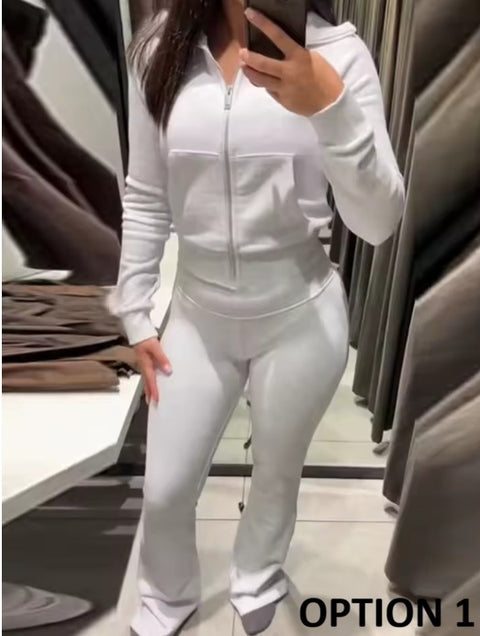 New Turn-Down Collar Long Sleeves Pocket Zipper Short Coat+ Long Pant Set CODE: KAR4368