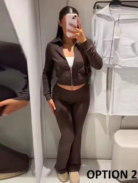 New Turn-Down Collar Long Sleeves Pocket Zipper Short Coat+ Long Pant Set CODE: KAR4368