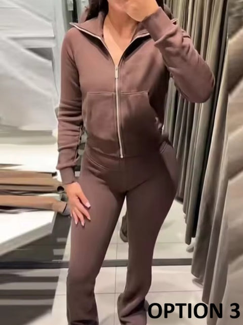 New Turn-Down Collar Long Sleeves Pocket Zipper Short Coat+ Long Pant Set CODE: KAR4368