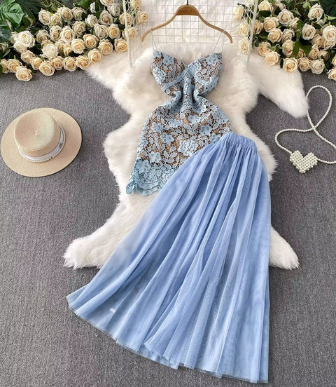 New Sleeveless Embroidery Lace Sling Top And Long Tulle Skirt 2 Piece Set CODE: KAR4380