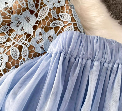 New Sleeveless Embroidery Lace Sling Top And Long Tulle Skirt 2 Piece Set CODE: KAR4380