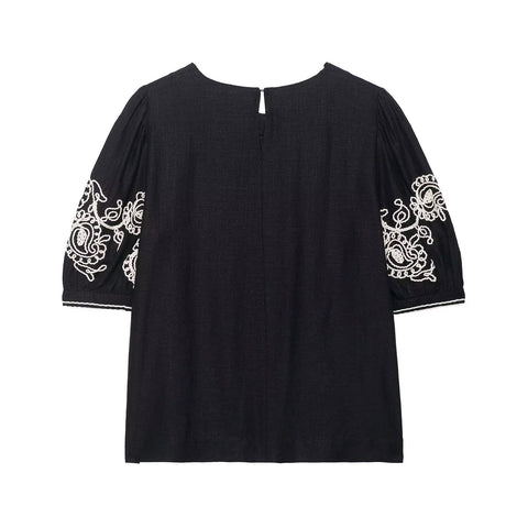 New Fashion Cross-Border Retro Embroidery Bubble Sleeve Top and Pent Set CODE: KAR4384