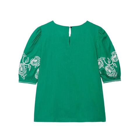 New Fashion Cross-Border Retro Embroidery Bubble Sleeve Top and Pent Set CODE: KAR4384