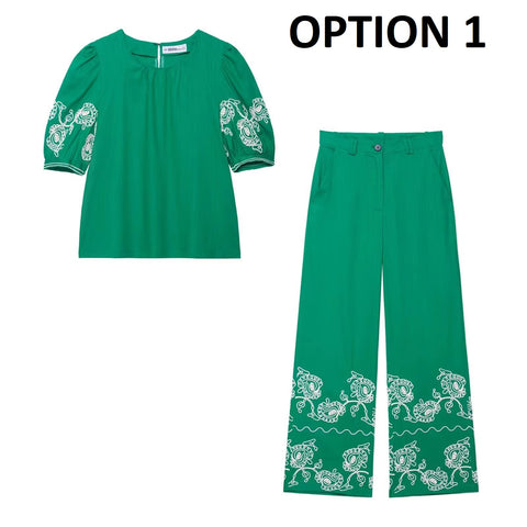 New Fashion Cross-Border Retro Embroidery Bubble Sleeve Top and Pent Set CODE: KAR4384