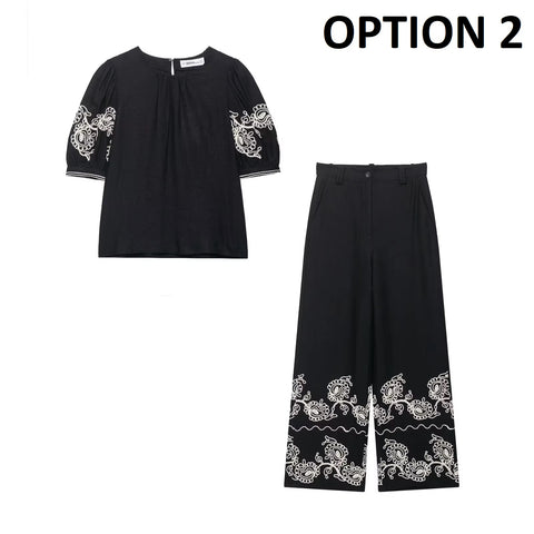 New Fashion Cross-Border Retro Embroidery Bubble Sleeve Top and Pent Set CODE: KAR4384