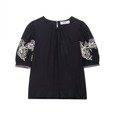 New Fashion Cross-Border Retro Embroidery Bubble Sleeve Top and Pent Set CODE: KAR4384