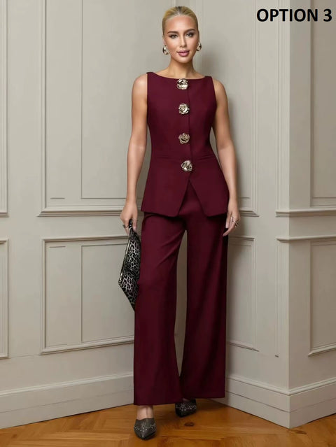 New Fashion Golden Button Vest Top And Long Pants Two-Piece Set CODE: KAR4399