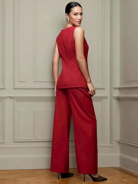 New Fashion Golden Button Vest Top And Long Pants Two-Piece Set CODE: KAR4399