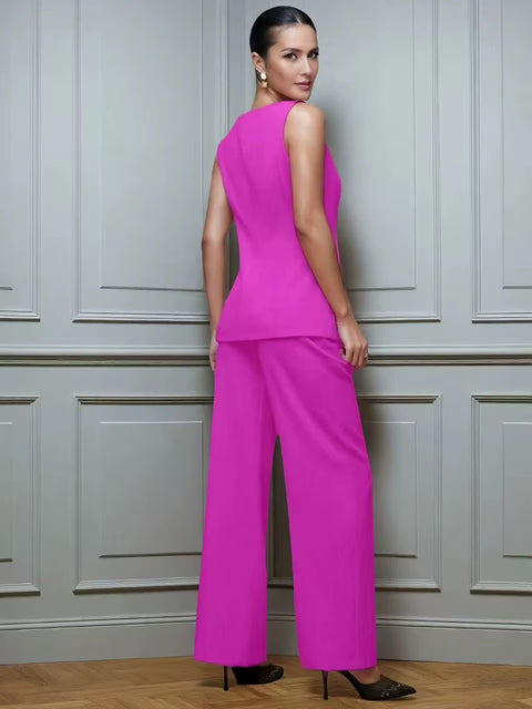 New Fashion Golden Button Vest Top And Long Pants Two-Piece Set CODE: KAR4399