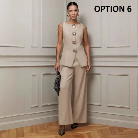 New Fashion Golden Button Vest Top And Long Pants Two-Piece Set CODE: KAR4399