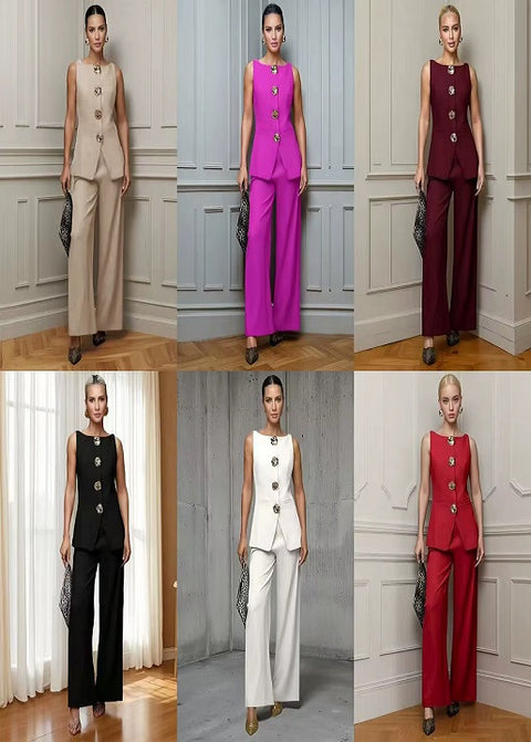 New Fashion Golden Button Vest Top And Long Pants Two-Piece Set CODE: KAR4399