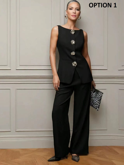 New Fashion Golden Button Vest Top And Long Pants Two-Piece Set CODE: KAR4399