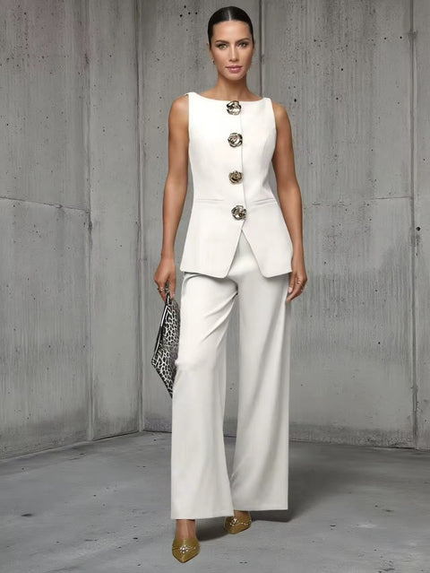 New Fashion Golden Button Vest Top And Long Pants Two-Piece Set CODE: KAR4399