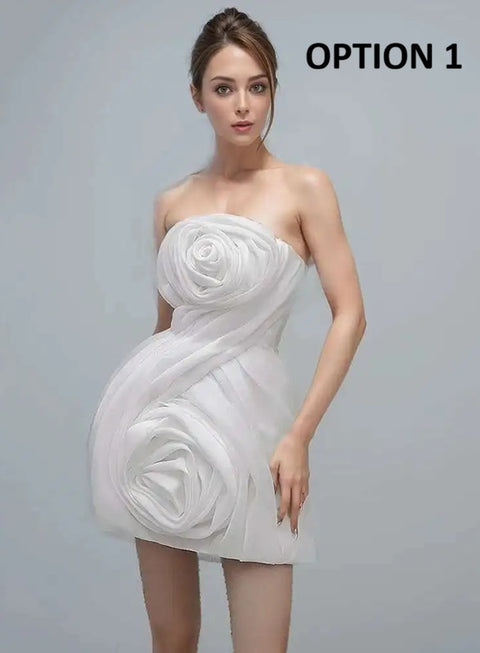 New Slash Neck Waist Retraction 3D Flower Decorate Zipper Mini Dress CODE: KAR4402