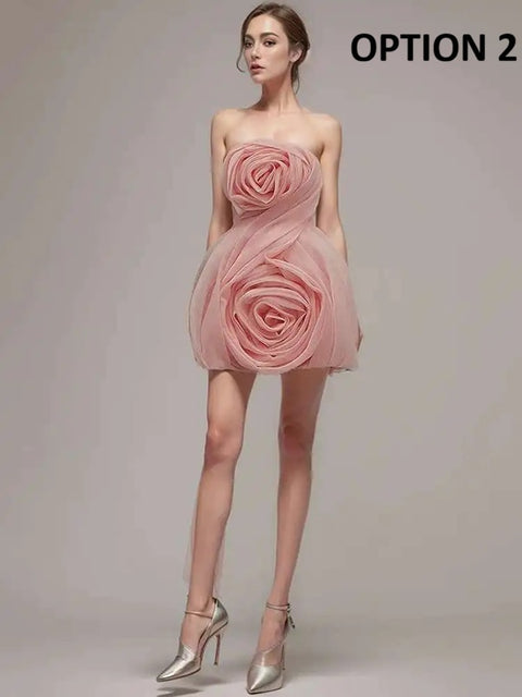 New Slash Neck Waist Retraction 3D Flower Decorate Zipper Mini Dress CODE: KAR4402