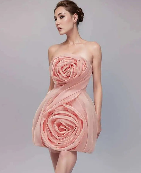 New Slash Neck Waist Retraction 3D Flower Decorate Zipper Mini Dress CODE: KAR4402