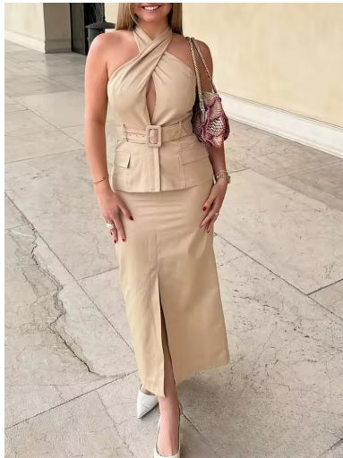 New Cross Design Belted Skirt Full Sleeve Midi Dress CODE: KAR4416