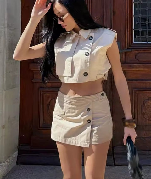 New Lapel Button Sleeveless Short Vest Top+Elegant Slim Zipper Shorts CODE: KAR4420