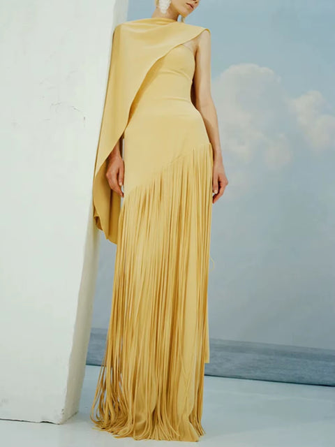 New Fashion One-shoulder Cape Overlay Asymmetrical Prom Dress CODE: KAR4424