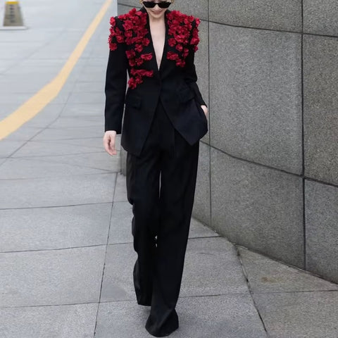 New Fashion Patchwork 3D Flower Blazer High Waist Loose Pants 2 Pcs Set  CODE: KAR4427